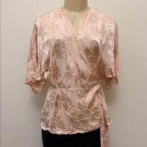 H&M Pink Floral Satin Wrap Blouse Size 6 Classic Feminine Draping Tie Waist